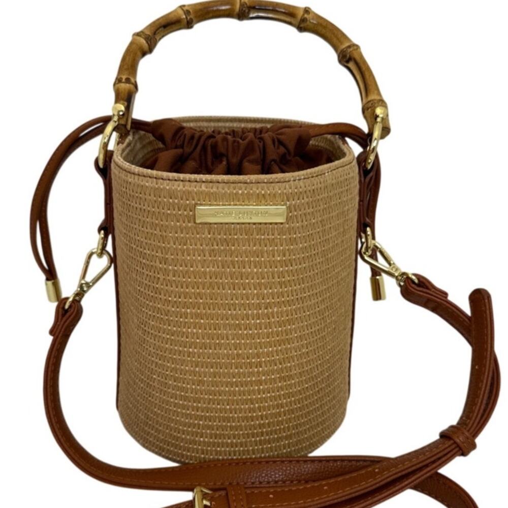 Katie Loxton Gigi Straw Woven Bucket Bag Bamboo Handle Brown Crossbody NWOT - Picture 1 of 9